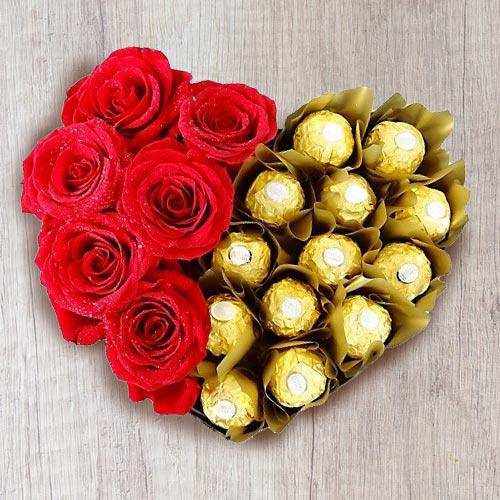 Wonderful Heart Shaped Arrangement of Ferrero Rocher with Roses