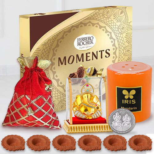 Diwali Gift of Ferreo Rocher Chocolate with Dry Fruits, Aroma Candle n Ganesh Idol