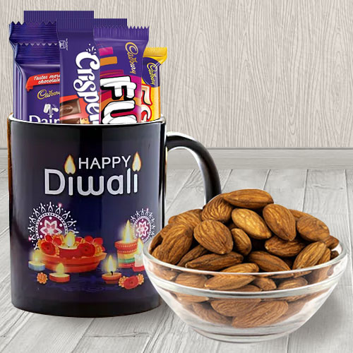 Special Personalized Diwali Greetings Coffee Mug with Assorted Cadbury Chocolates n Almonds