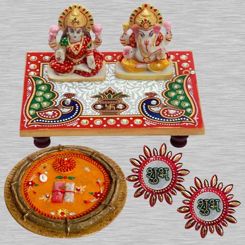 Auspicious Diwali Poojan Special Laxmi Ganesh Ji Marble Choki Pooja Thali n Subh Labh Sticker