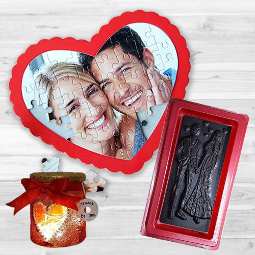 Extravagant V day Gift of Personalized Photo Puzzle with Handmade Chocolate n LED Lamp