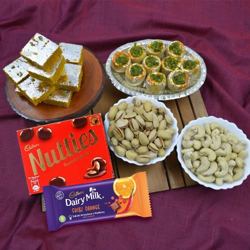 Stunning Gift of Haldiram Sweets Cadbury Chocolates n Dry Fruits