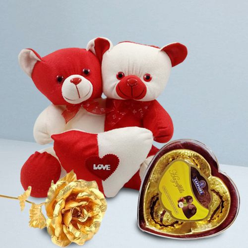 Attractive Twin Body One Heart Teddy with Sapphire Heart Chocolates n Golden Rose