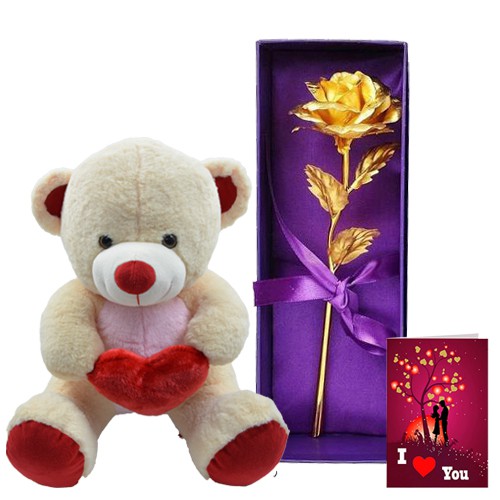 Wonderful Combo of Teddy with Artificial Golden Rose N Love You Card