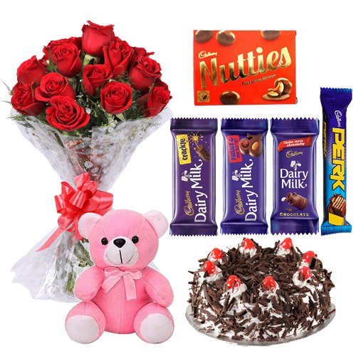 Dutch Roses Bouquet with Cake Teddy N Assorted Cadbury Chocolates