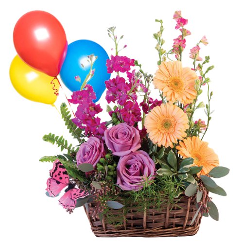Balloons with Flowers Arranged in a Basket