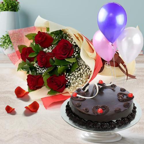 Balloons with Red Roses Bunch N Truffle Cake