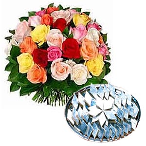 Delectable Kaju Barfi with Mixed Roses Bouquet