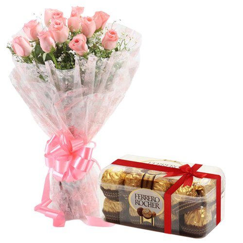 Remarkable Pink Roses N Ferrero Rocher Chocolates
