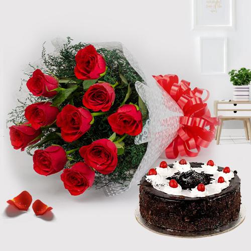 Bright dazzling Red Roses and yummy Black Forest Cake