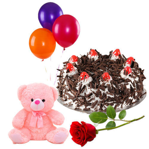 Lovely Rose with Black Forest Cake, Teddy N Balloons