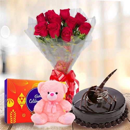 Enticing Chocolate Cake with Red Rose Bouquet, Teddy and Cadbury Celebratios