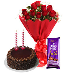 Delicious Cadbury Dairy Milk Silk Chocolate Cake with Candles and Roses Bouquet