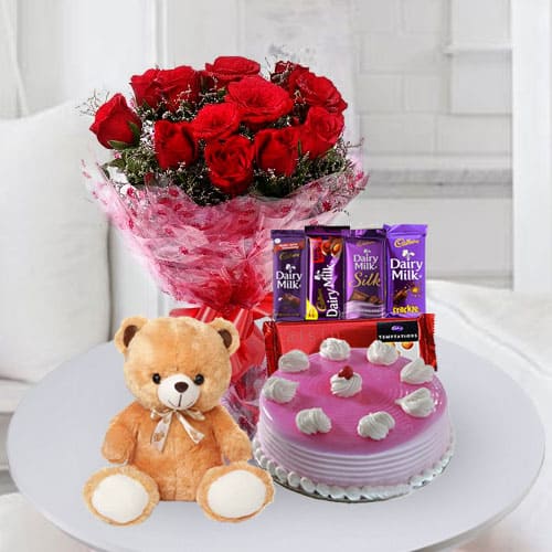 Marvelous Cake with Chocolates Teddy n Flowers for Birthday