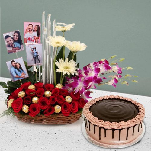 Beautiful Flowery Chocolaty N Personalized Picture Basket with Chocolate Cake
