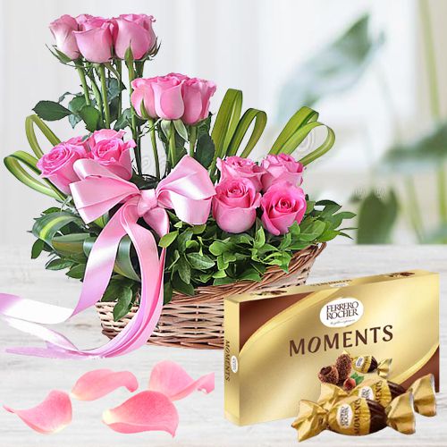 Charming Pink Roses n Ferrero Rocher Chocolates for Kiss Day