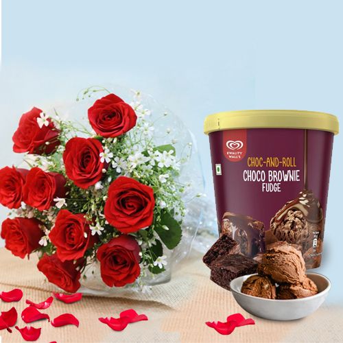 Expressive Red Roses with Kwality Walls Choco Brownie Fudge Ice Cream
