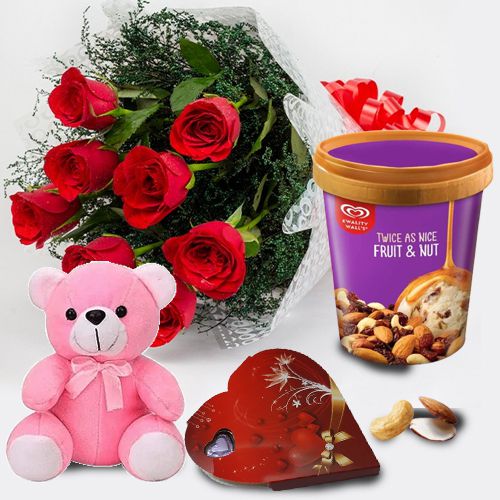 Gorgeous Red Roses n Kwality Walls Twin Flavor Ice Cream with Teddy n Handmade Chocolates