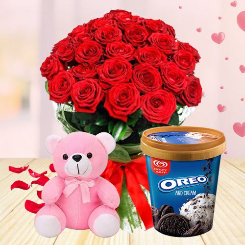 Exquisite Red Roses Bouquet with Kwality Walls Oreo n Cream Ice Cream n Teddy