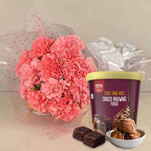 Delicate Pink Carnations Bouquet with Choco Brownie Fudge Ice Cream from Kwality Walls