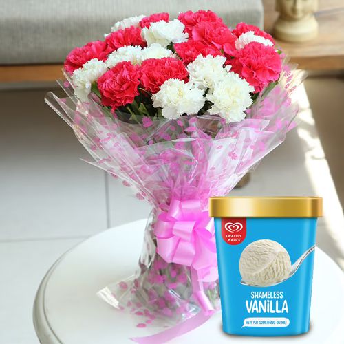 Gorgeous Bouquet of Assorted Carnations with Vanilla Ice Cream from Kwality Walls