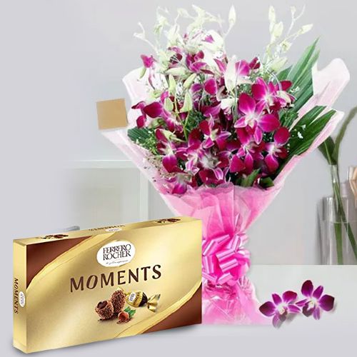 Eye Catching Bouquet of Orchids with Ferrero Rocher Moments