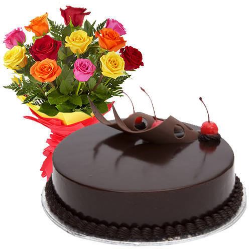 Charming colorful  Roses blended with luscious Chocolate Cake