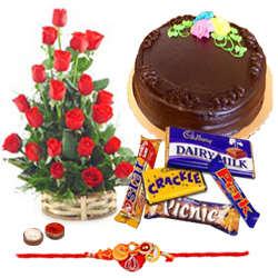Dazzling Gift Set of Assorted Chocolates Delicious Cake and Bunch of Red Roses with Rakhi Free Roli Tika and Chawal for Grand Rakhi Festival