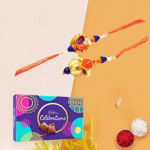 Remarkable Gift Pack of Cadbury Celebration with Bhaiya Bhabhi Rakhi Roli Tilak and Chawal on the Occasion of Raksha Bandhan