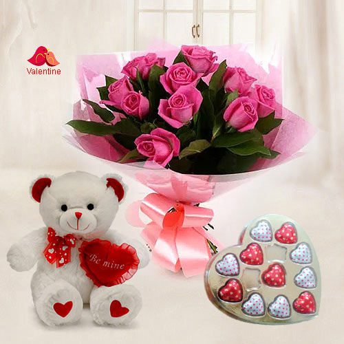 Soft Pink Roses with Heart Shape Chocolates n Teddy Bear