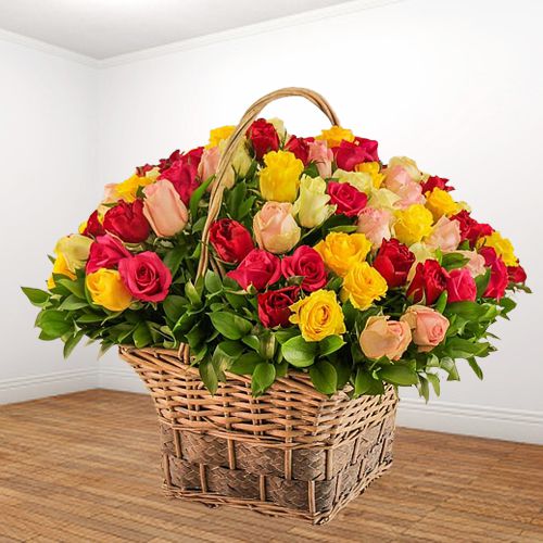 Beautiful Basket of Assorted Roses with Gypsophila