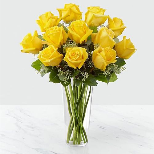 Expressive Long Stemmed Yellow Roses in a Vase