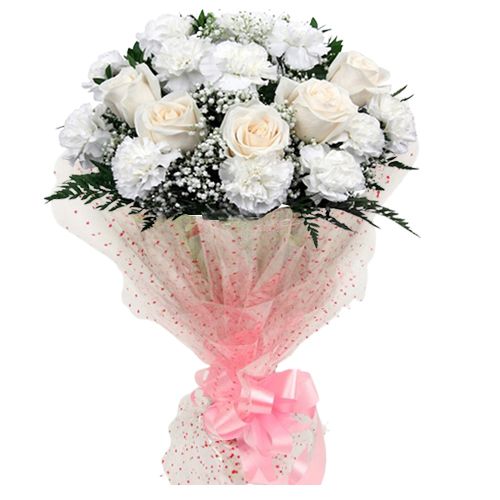 Feeling of Hope White Roses N Carnations Arrangement
