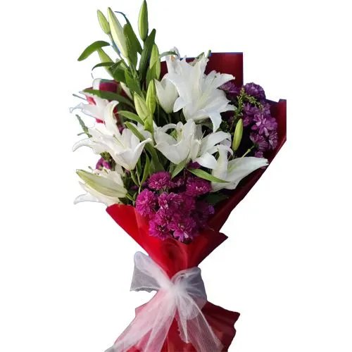 Majestic Bouquet of White Asiatic Lily with Purple Chrysanthemum