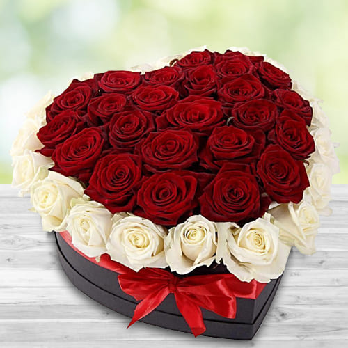 Fabulous Heart Shaped Box of Red and White Roses