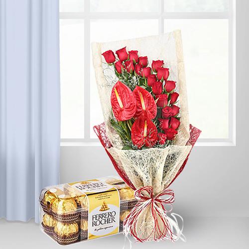 Lovely Bouquet of Red Roses n Anthurium with Ferrero Rocher