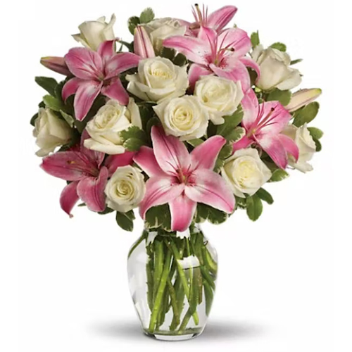 Attractive Display of Lilies N Roses in Vase