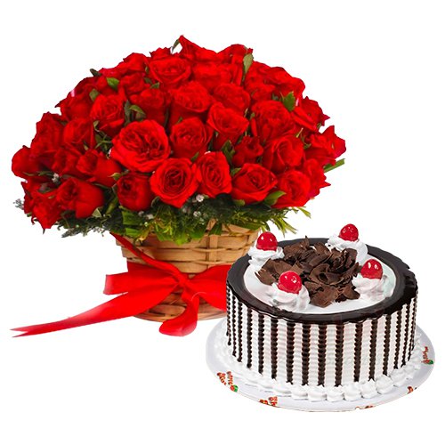 MidNight Delivery ::50 Dutch Red Roses Basket with Black Forest Cake.