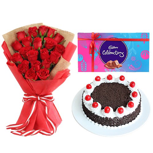 MidNight Delivery ::18 Dutch Red Roses Bouquet with 1 Lbs. Black Forest Cake and 1 Cadbury's Celebration Pack