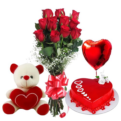 MidNight Delivery ::12 Exclusive  Dutch Red    Roses  Bunch with Cute Teddy Bear Love Cake 1 Lb and  Heart Shaped Balloons