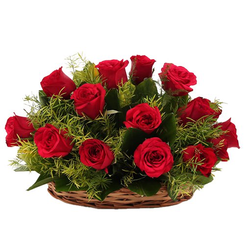 MidNight Delivery ::15 Exclusive  Dutch Red    Roses  in Cane Basket 
