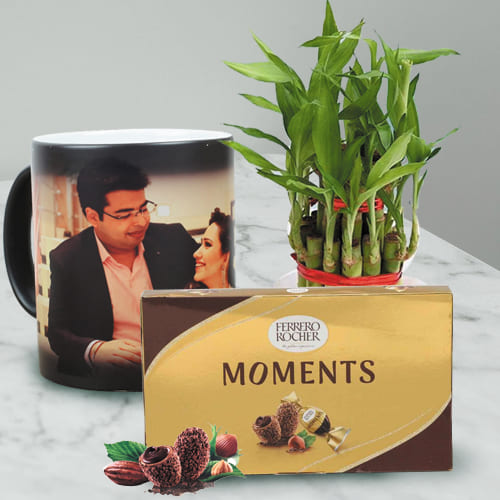 Exclusive Personalized Photo Magic Mug with Ferrero Rocher N Bamboo Plant