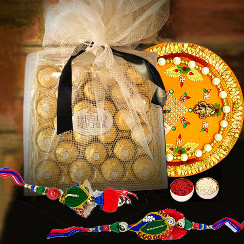 Attractive Lumba Rakhi Set with Ferrero Rocher n Rakhi Thali
