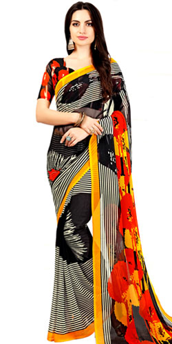 Charming Art Chiffon Striped Print Sari in Black and White