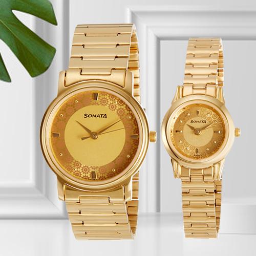 Outstanding Analog Champagne Dial Couple Watch from Sonata