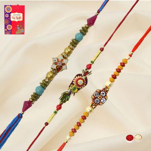 Fascinating Rakhi Special 3 Pieces Zardozi Rakhi with Free Roli Tilak and Chawal for your Dear Brother